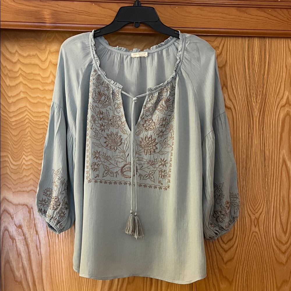 Embroidered Gray/Teal Boho Women's Top